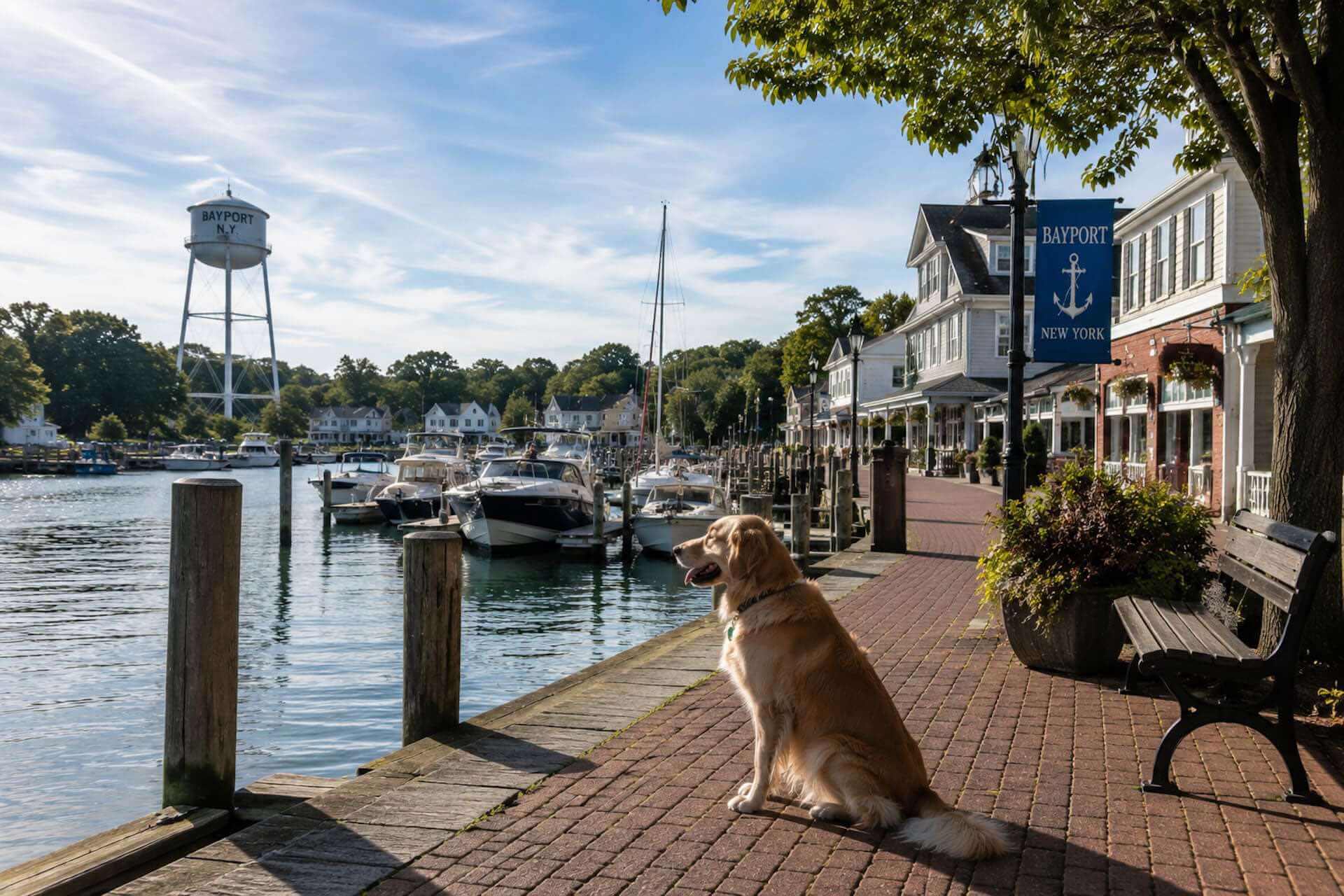 Dog sitting on the Bayport harbour